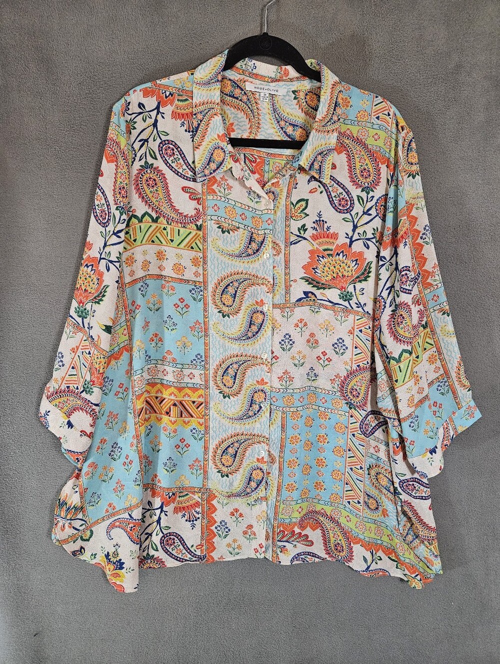 Rose Olive Women Plus 3X Button Shirt Patchwork 3/4 Sleeve Boho Sheer Multicolor